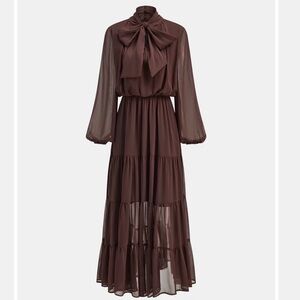 Commense Brown Chiffon Statement Bow Tie Maxi Dress Medium Sheer Sleeves NWT